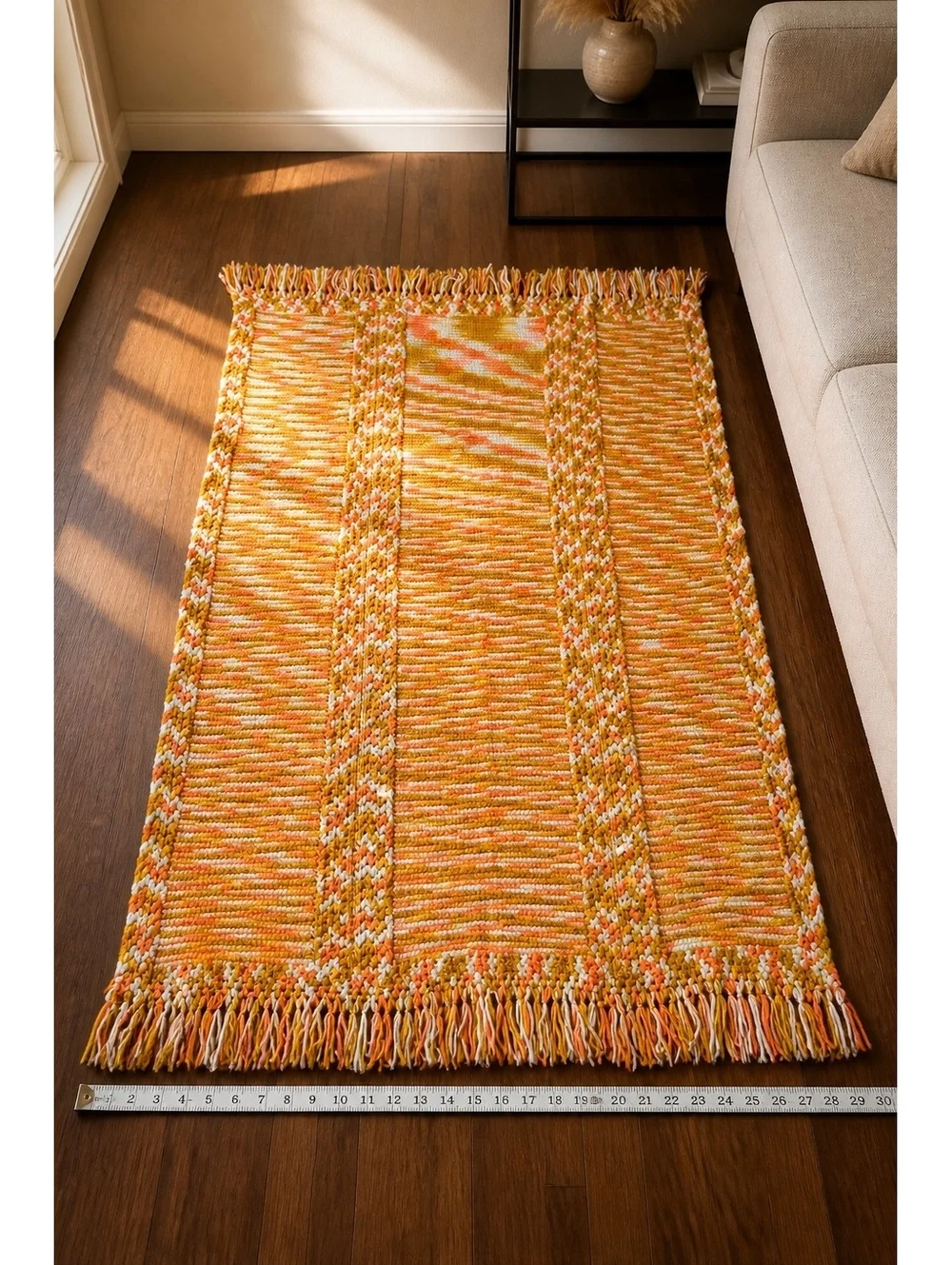 Handmade Crocheted Afghan Throw Blanket 45x65 Orange Mustard White Fringe Boho
